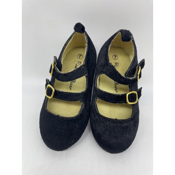 Black Velvet Rising Star Girls Mary Jane Shoes Size 7 With Double Buckle Straps - Picture 2 of 5